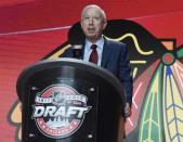 June 23, 2017; Chicago, IL, USA; Chicago Blackhawks president John McDonough speaks to begin the first round of the 2017 NHL Draft at United Center. Mandatory Credit: David Banks-USA TODAY Sports