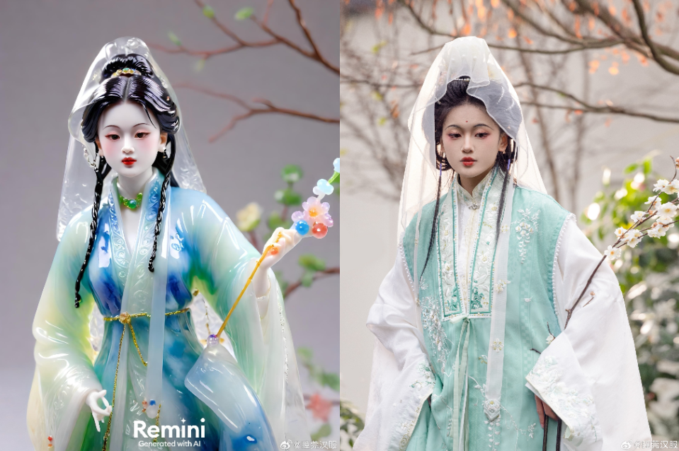 有網友分享使用瓷娃娃濾鏡（Jade）和原照片的對比圖。（圖／翻攝自微博）