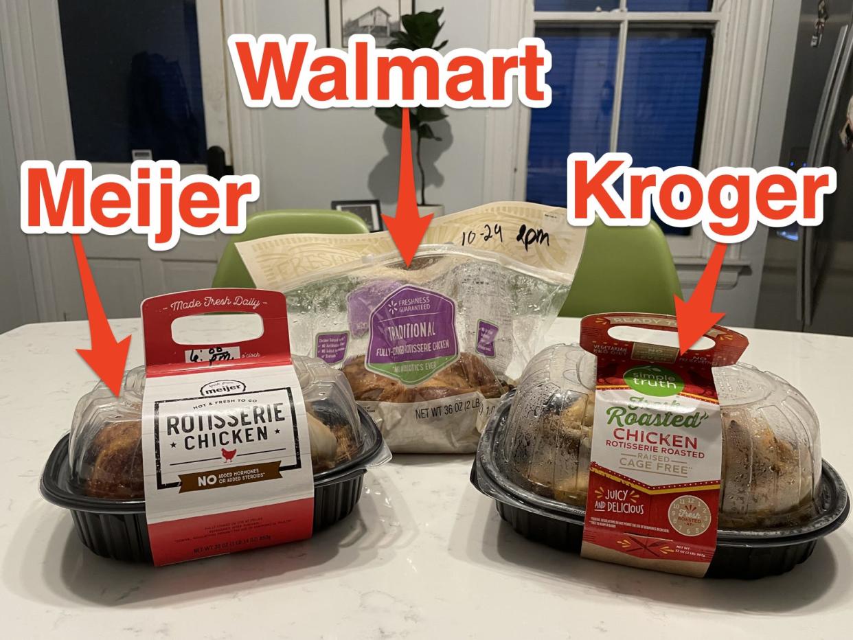 Three rotisserie chickens on table with arrows and text saying "Meijer," "Kroger," and "Walmart" pointing to each