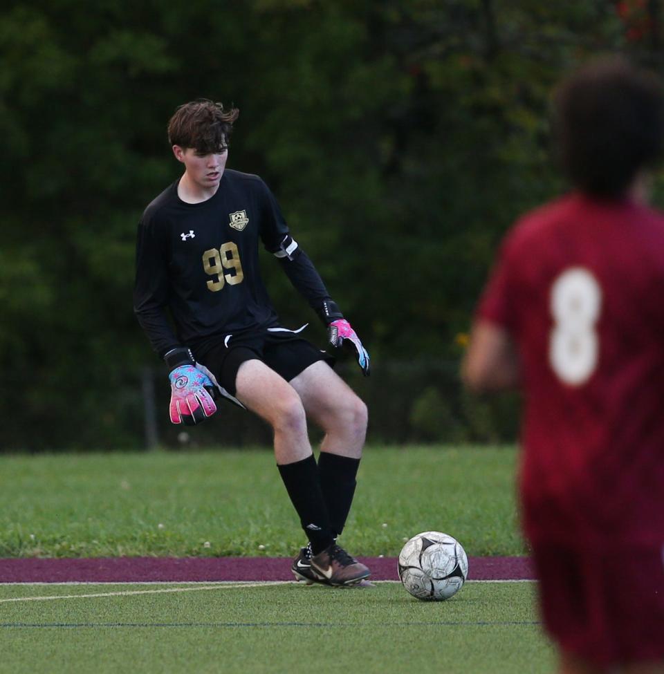 Arlington goalkeeper Nick Giorgi readies to play a ball during a Sept. 13, 2023 boys soccer game against John Jay-East Fishkill.