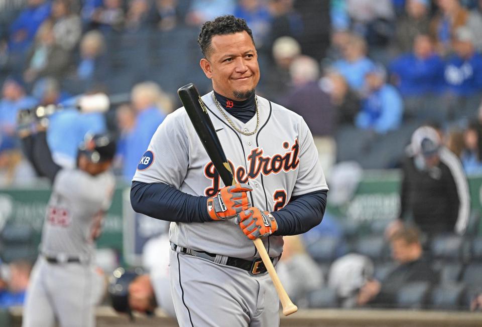 Detroit Tigers designated hitter Miguel Cabrera (24) looks on before the first inning against the Kansas City Royals on Thursday, April 14, 2022, at Kauffman Stadium in Kansas City, Mo.