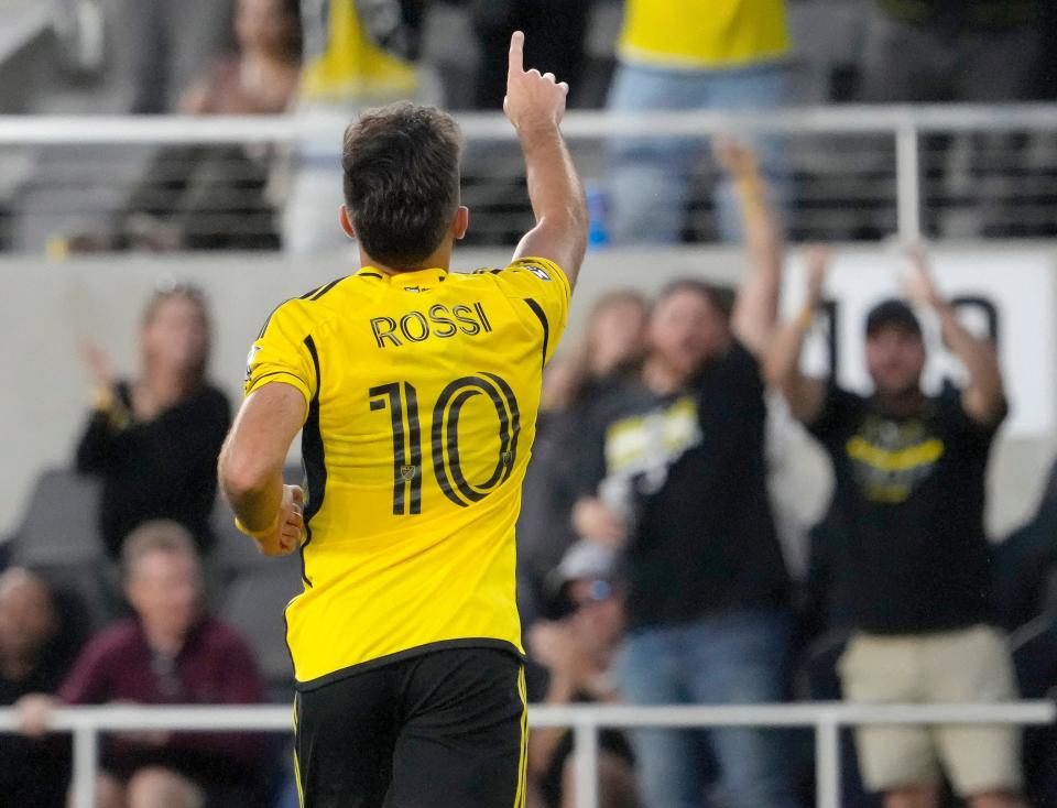 August 21, 2024; Columbus, Ohio, USA; 
Columbus Crew forward Diego Rossi (10) celebrates his second goal against the Philadelphia Union during a semifinal Leagues Cup match at Lower.com Field on Wednesday.