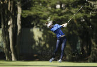 Anne Van Dam, of the Netherlands, hits her approach shot to the 18th green of the Lake Merced Golf Club during the first round of the LPGA Mediheal Championship golf tournament Thursday, May 2, 2019, in Daly City, Calif. (AP Photo/Eric Risberg)