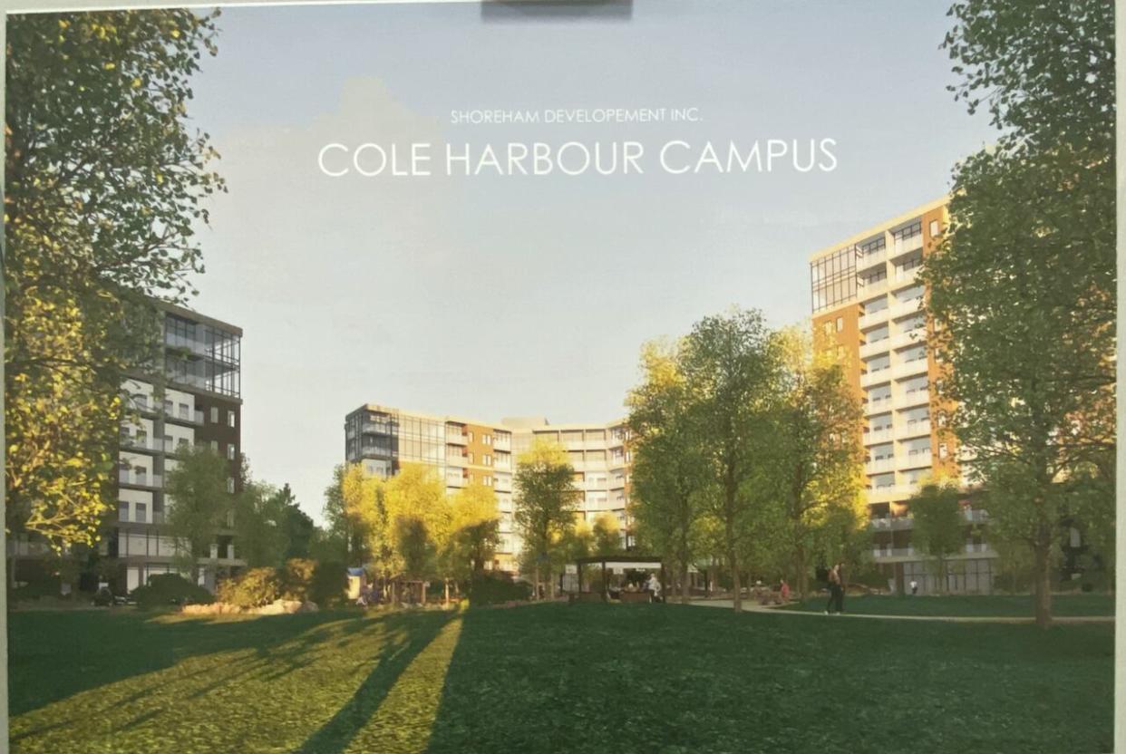 A rendering shows the 'village green' surrounded by residential apartment buildings planned for the Shoreham Development on Cole Harbour Road. (Shoreham Development/SP Dumaresq Architect - image credit)