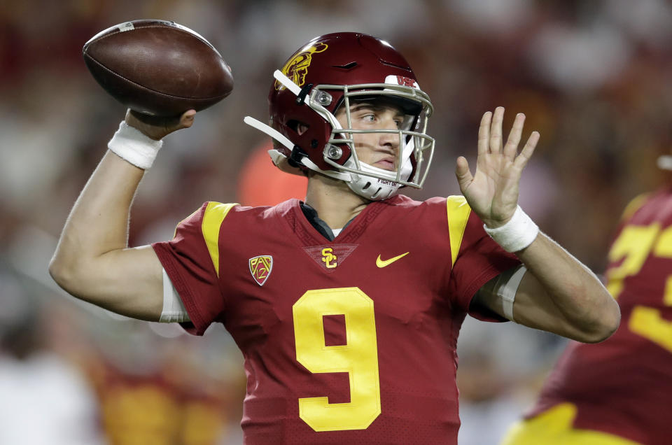 Southern California quarterback Kedon Slovis throws a pass against Stanford during the first half of an NCAA college football game Saturday, Sept. 7, 2019, in Los Angeles. (AP Photo/Marcio Jose Sanchez)