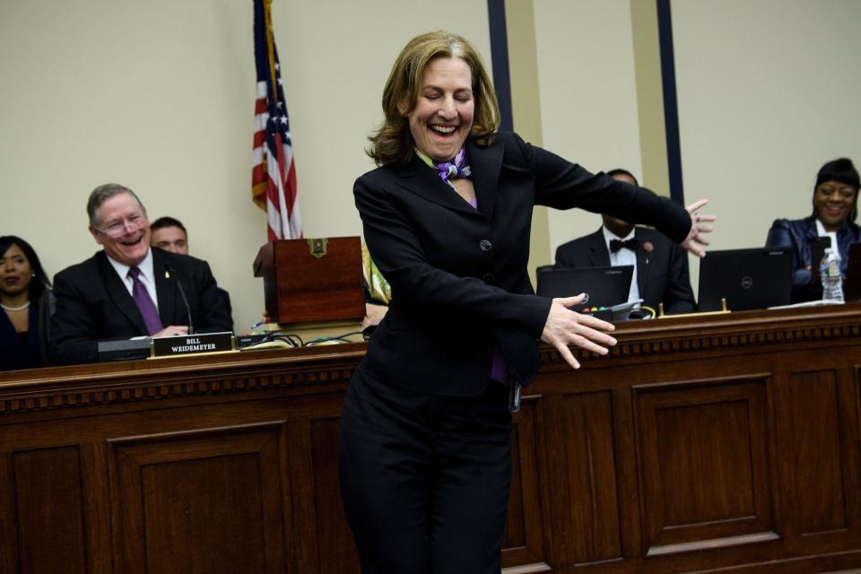 US Representative-elect Kim Schrier (D-WA) does the flossing dance before drawing a number during an office lottery for new members of Congress on Capitol Hill November 30, 2018 in Washington, DC: BRENDAN SMIALOWSKI/AFP via Getty Images