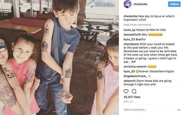 Back in April, Chester wrote on Instagram: 'New day to focus on what's important. LOVE' along with a photos of his wife Talinda and three of his six children. Source