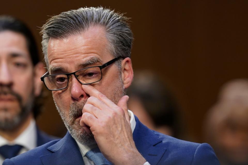 Dr. Patrick Jackson, husband of Supreme Court nominee Judge Ketanji Brown Jackson, becomes emotional during her confirmation hearing before the Senate Judiciary Committee Monday, March 21, 2022, on Capitol Hill in Washington.