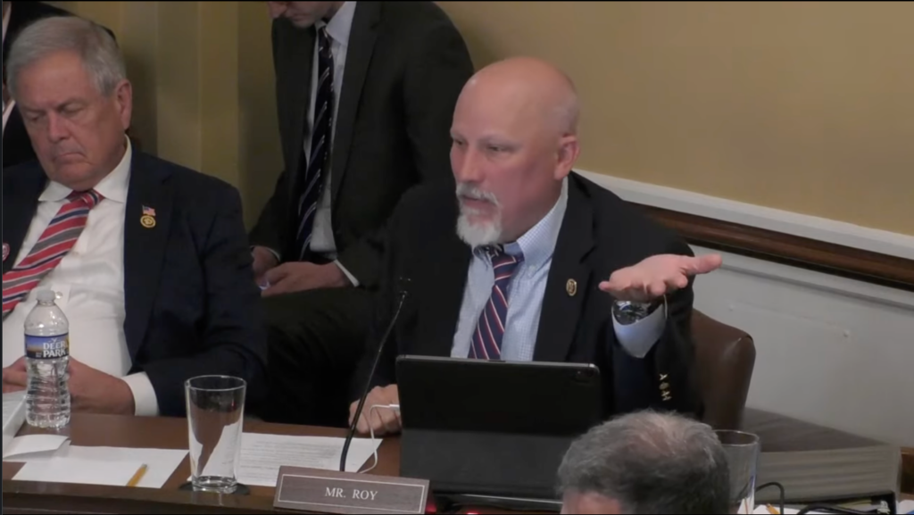 South Carolina Republican Rep. Ralph Norman, left, listens as Texas Republican Rep. Chip Roy discusses a border security bill at a U.S. House Rules hearing April 18, 2024 (screenshot from committee livestream).