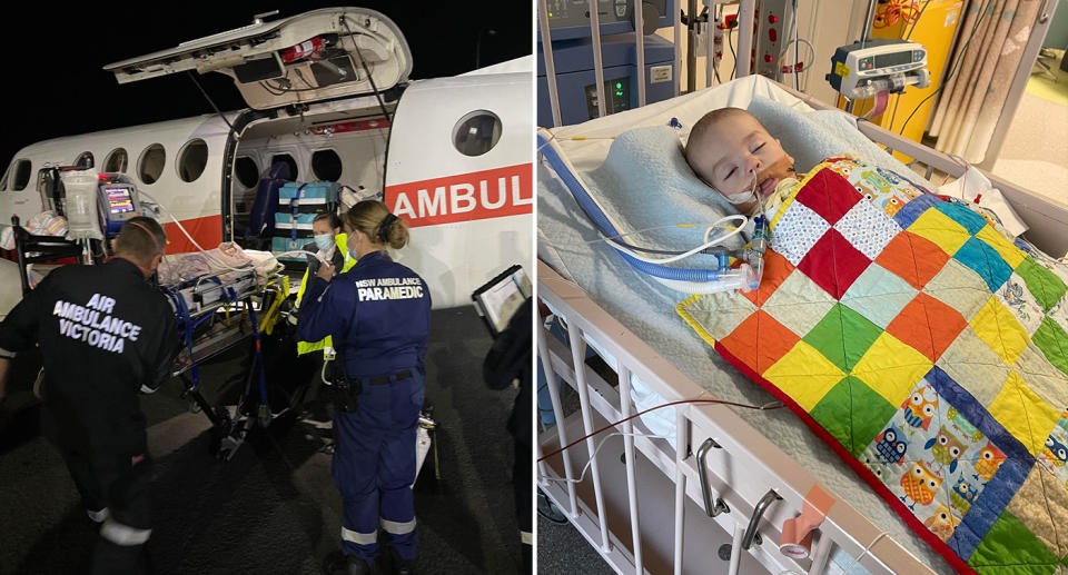 Henry being loaded onto the hospital plane and in a hospital bed with tubes coming out of his nose. 