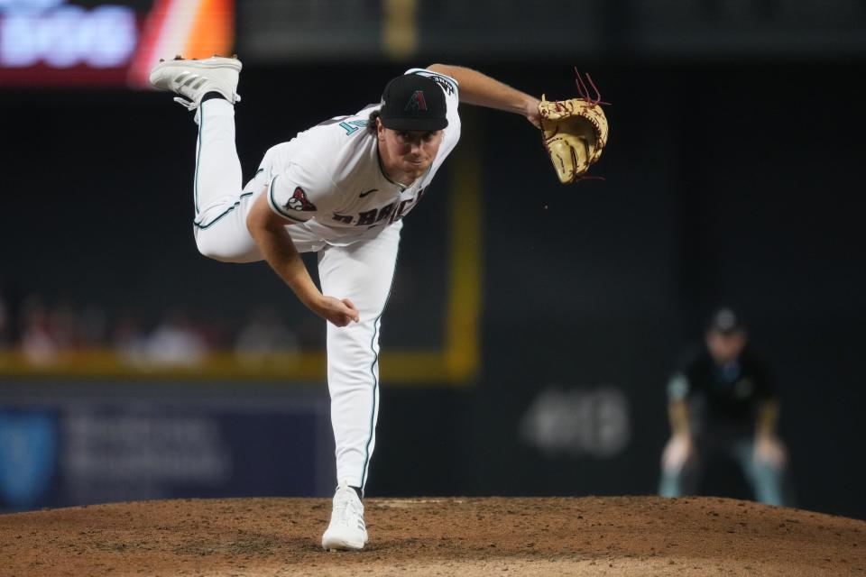 Arizona Diamondbacks starting pitcher Brandon Pfaadt (32) throws a pitch against the Philadelphia Phillies during the sixth inning in game three of the NLCS of the 2023 MLB playoffs at Chase Field in Phoenix on Oct. 19, 2023.