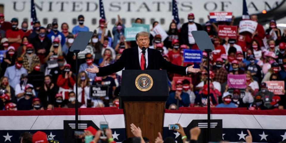 trump fay FAYETTEVILLE, NC - SEPTEMBER 19: President Donald Trump addresses a crowd at the Fayetteville Regional Airport on September 19, 2020 in Fayetteville, North Carolina. Thousands of people joined to hear the president during the Make America Great Again campaign rally. (Photo by Melissa Sue Gerrits/Getty Images)
