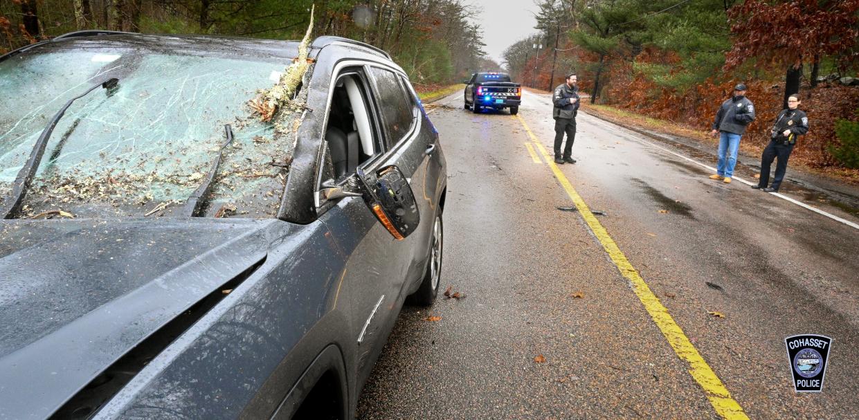 Cohasset police posted this picture on social media with its report of a tree hitting a car on Route 3A on Monday morning. The driver and her infant suffered minor injuries, police said.