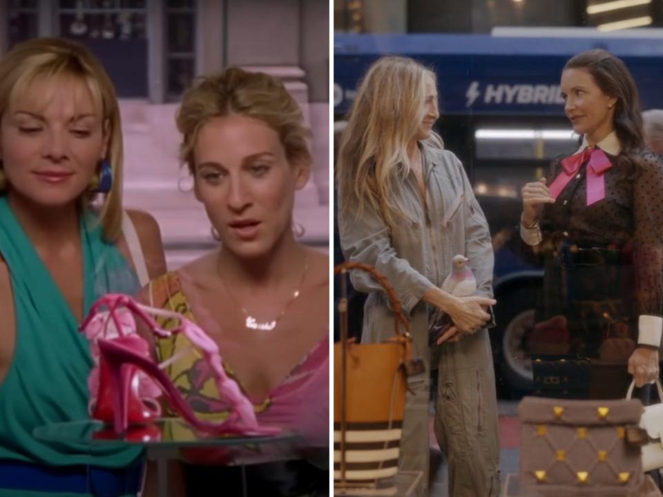 Carrie Bradshaw and Samantha Jones in "Sex and the City" and Carrie and Charlotte speak in front of a shop window in "And Just Like That"