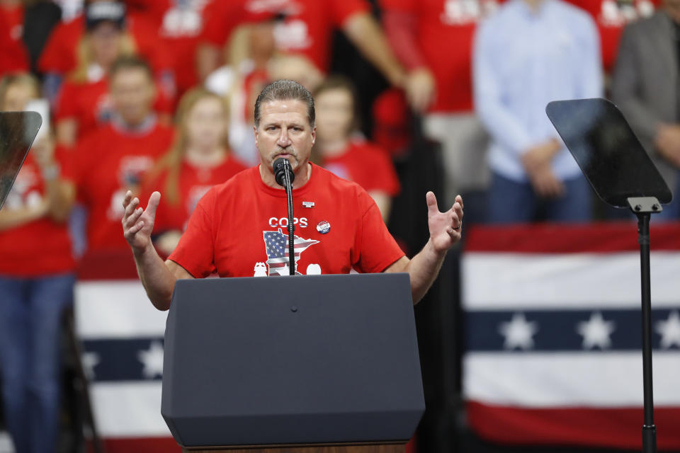 Lt. Bob Kroll, president of the Police Officers Federation of Minneapolis made his support for Trump clear at a rally at the Target Center in Minneapolis on October 10, 2019. (Richard Tsong-Taatarii/Star Tribune via Getty Images)