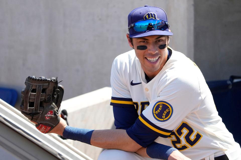 Milwaukee Brewers left fielder Christian Yelich gets ready for a spring training game against the Los Angeles Angels at American Family Fields of Phoenix in March. The Brewers' home opener is Thursday, April 14.