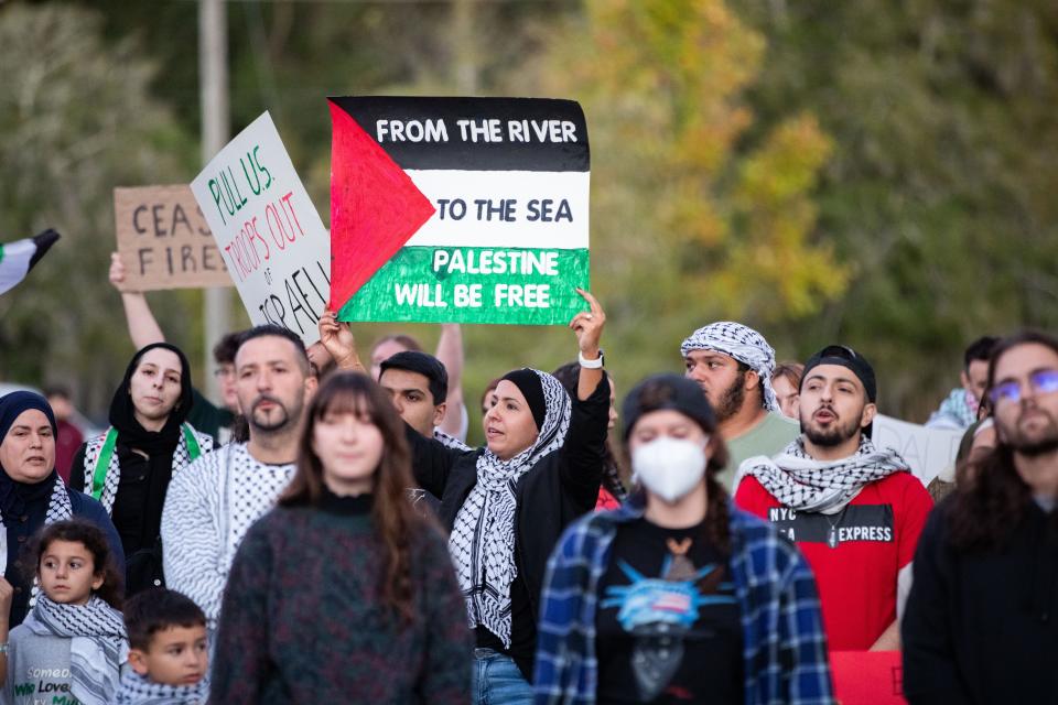 A couple hundred people gathered in a parking lot across from Cascades Park to show support for Palestine and protest aid being sent to Israel on Wednesday, Oct. 18, 2023.