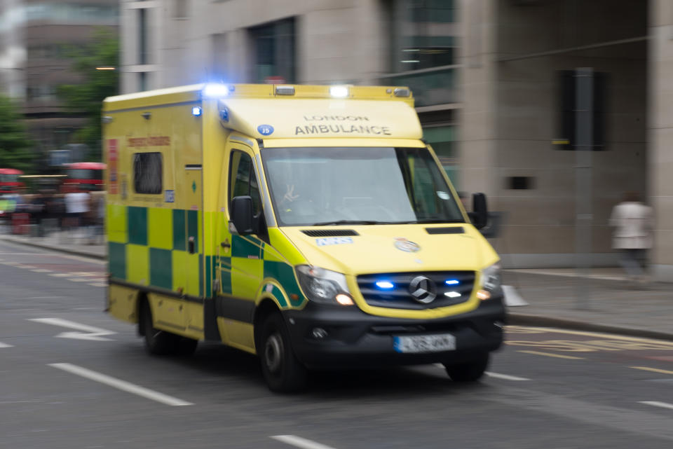 LONDON, ENGLAND - MAY 30: An Ambulance on a emergency response call on May 30, 2019 in London, England. (Photo by John Keeble/Getty Images)