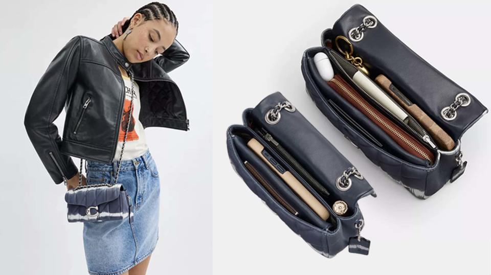 Model wears the Coach Tabby 20 Shoulder Bag With Quilting And Tie Dye; Open-top view of Coach Tabby 20 Shoulder Bag compared to Coach Tabby 26 Shoulder Bag