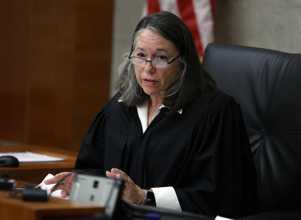 Franklin County common pleas judge Julie Lynch speaks during a bond hearing for Gerson Fuentes, the man accused of raping a 10-year-old girl who then traveled to Indiana to have an abortion, in Columbus, Ohio, Thursday, July 28, 2022. Judge Lynch denied bond. (AP Photo/Paul Vernon)