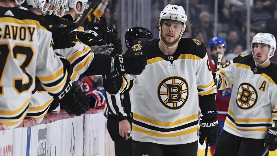 Boston Bruins forward David Pastrnak put on a goal-scoring clinic against the Montreal Canadiens. (Francois Lacasse/NHLI via Getty Images)