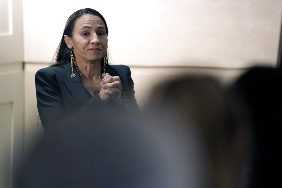 Rep. Sharice Davids, D-Kan., talks to supporters during a watch party Tuesday, Nov. 8, 2022, in Overland Park, Kan. Davids is trying to retain her seat in Kansas' 3rd Congressional District. (AP Photo/Ed Zurga)