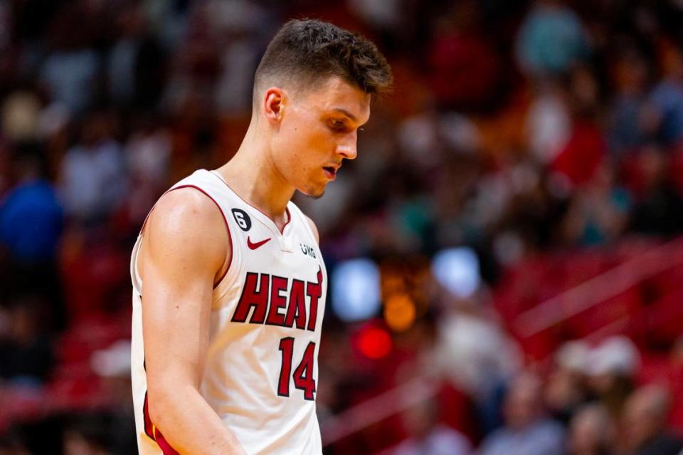 Miami Heat guard Tyler Herro (14) walks off the court after losing 116-105 to the Atlanta Hawks during the NBA play-in tournament game at Kaseya Center in Downtown Miami, Florida, on Tuesday, April 11, 2023.