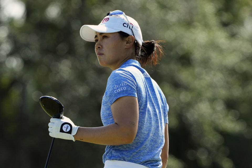 FILE -Danielle Kang watches her shot from the third tee during the third round of the LPGA CME Group Tour Championship golf tournament, Saturday, Nov. 19, 2022, at the Tiburon Golf Club in Naples, Fla. Kang is the defending champion at the Tournament of Champions when the LPGA starts its new season Thursday, Jan. 19, 2023 in Orlando, Fla. (AP Photo/Lynne Sladky, File)