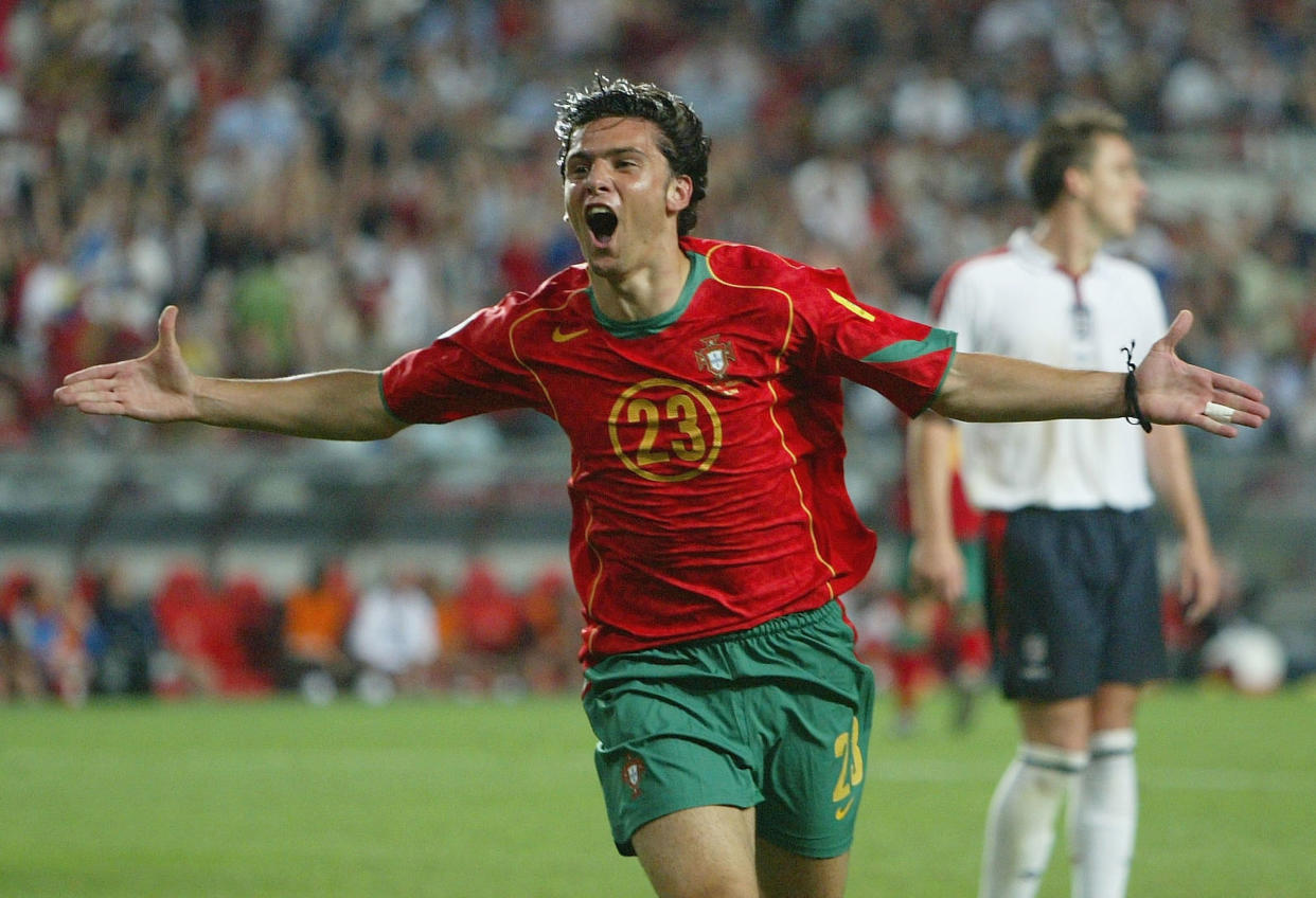 Helder Postiga of Portugal celebrates at the Luz Stadium on June 24, 2004 in Lisbon