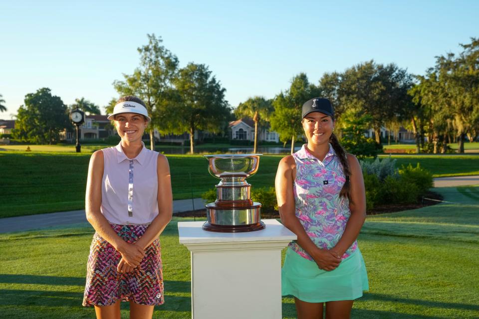 Aliea Clark, left and Krissy Carman with the trophy before the start of the final round at the 2022 U.S. Women's Mid-Amateur at Fiddlesticks Country Club (Long Mean Course) in Fort Myers on Thursday, Sept. 22, 2022.