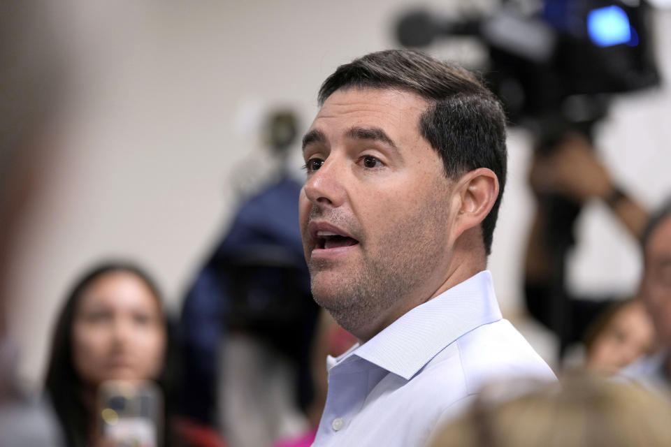 San Francisco 49ers owner Jed York speaks to reporters before a practice at the team's NFL football training facility in Santa Clara, Calif., Thursday, Feb. 1, 2024. The 49ers will face the Kansas City Chiefs in Super Bowl 58. (AP Photo/Tony Avelar)