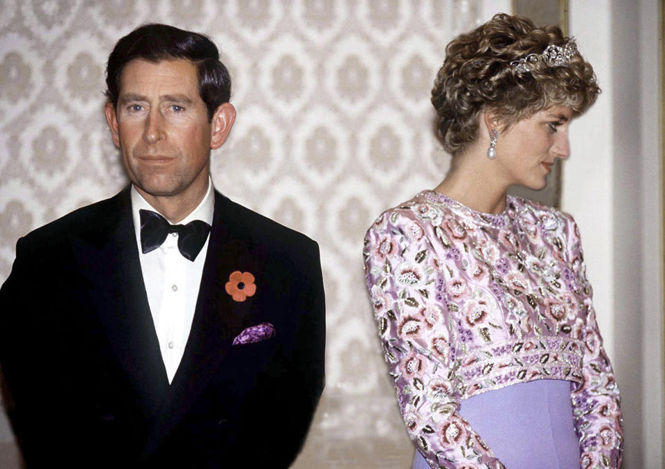 Diana wearing the earrings on her last official trip with Charles in 1992. Photo: Getty