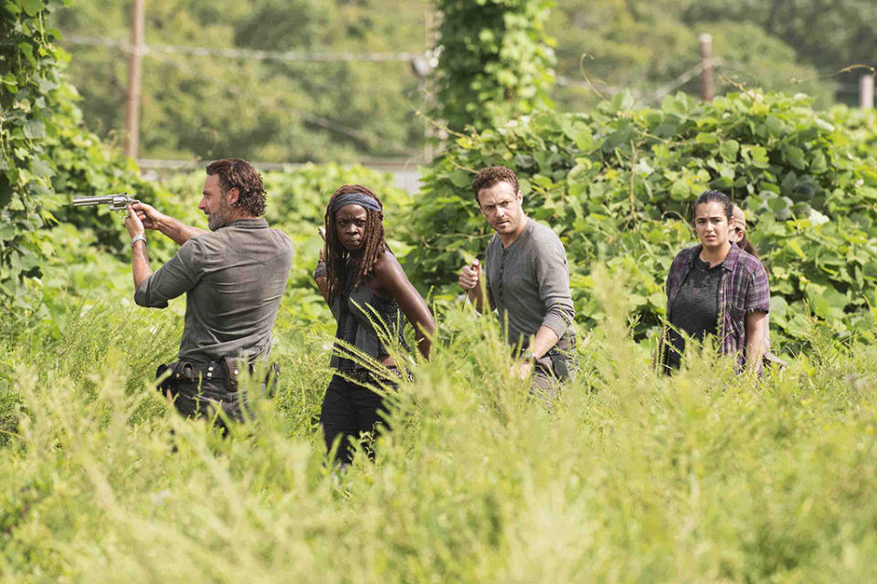 <p>Andrew Lincoln as Rick Grimes, Danai Gurira as Michonne, Ross Marquand as Aaron, Alanna Masterson as Tara Chambler (Credit: Gene Page/AMC) </p>