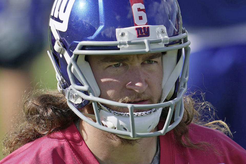 New York Giants punter Jamie Gillan (6) attends a practice session at Hanbury Manor in Ware, England, Friday, Oct. 7, 2022 ahead the NFL game against Green Bay Packers at the Tottenham Hotspur stadium on Sunday. (AP Photo/Kin Cheung)