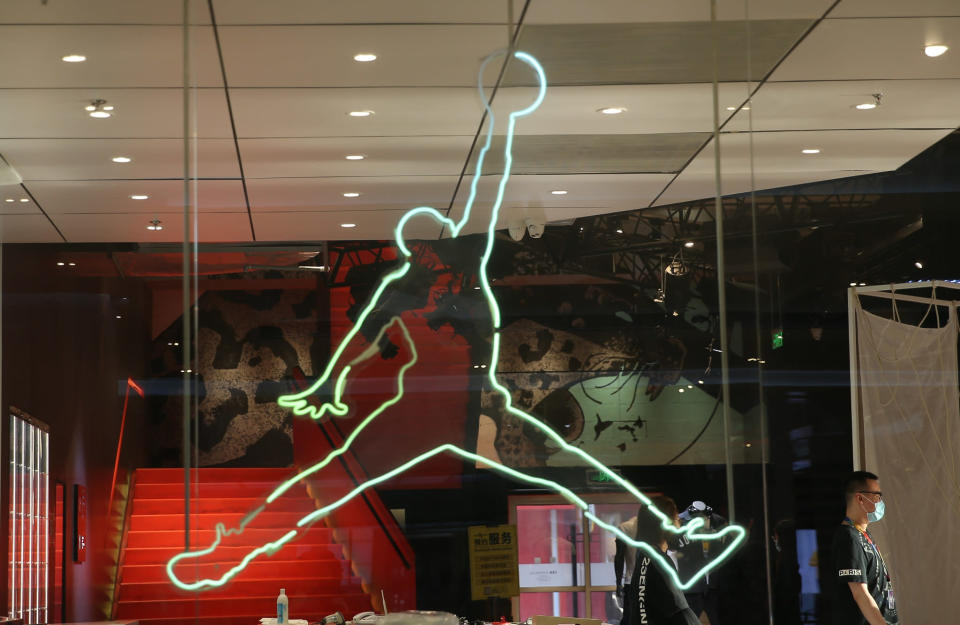 The logo of Air Jordan is seen at one of its chain stores in Shenyang city, China. - Credit: Xu Huiyang/AP