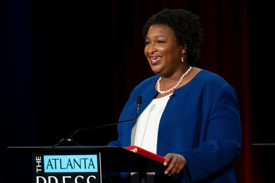 Georgia Democratic gubernatorial candidate Stacey Abrams speaks at a debate in Atlanta on Oct. 17, 2022.