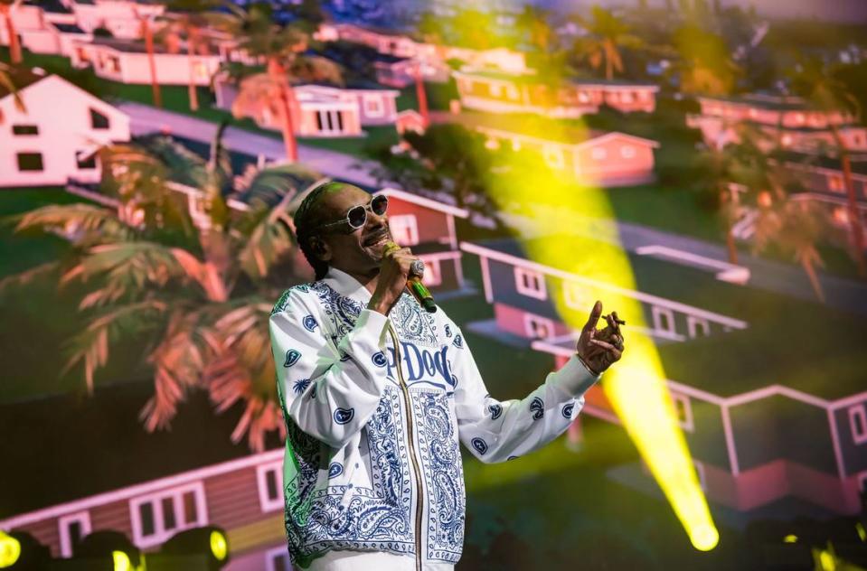 Rap icon Snoop Dogg performs “Nuthin’ but a ‘G’ Thang” from Dr. Dre’s “The Chronic” album at his High School Reunion Tour stop in Sacramento on Friday, Aug. 25, 2023, at Golden 1 Center. Also performing were Wiz Khalifa, Too $hort, Warren G, Berner and DJ Drama.