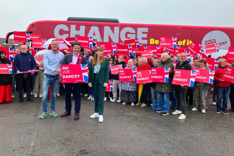 Labour deputy leader Angela Rayner with Stockton West candidate Joe Dancey and Shadow Science Secretary Peter Kyle