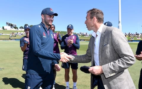 Dom Sibley of England receives his test cap from Michael Atherton  - Credit: Getty