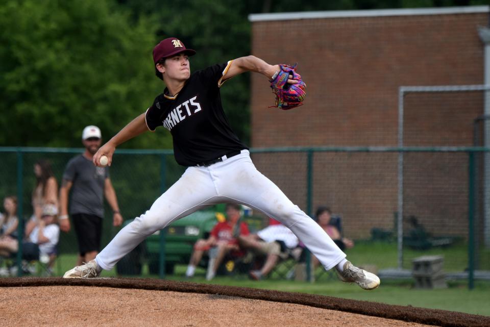 Licking Heights senior Ethan Francis delivers to the plate for Licking County against Knox County on Monday, during the Tom Craze Memorial All-Star Game at Mount Vernon Nazarene.