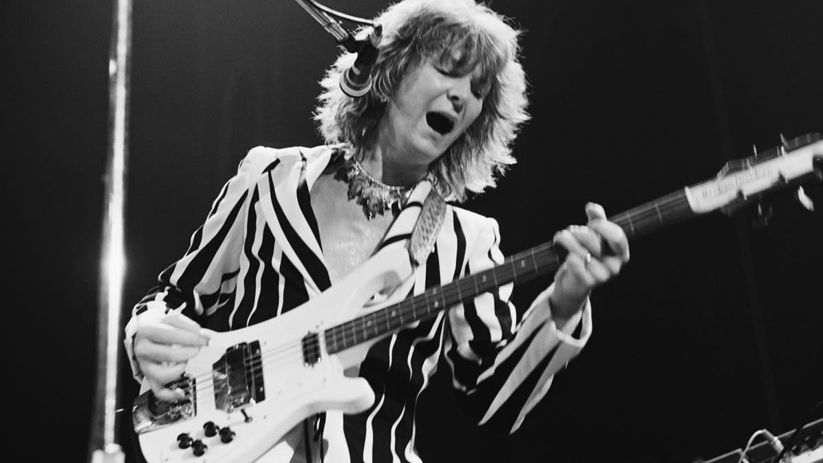  Bassist Chris Squire (1948 - 2015) performing with English progressive rock band Yes, at Madison Square Garden, New York, 5th August 1977. 