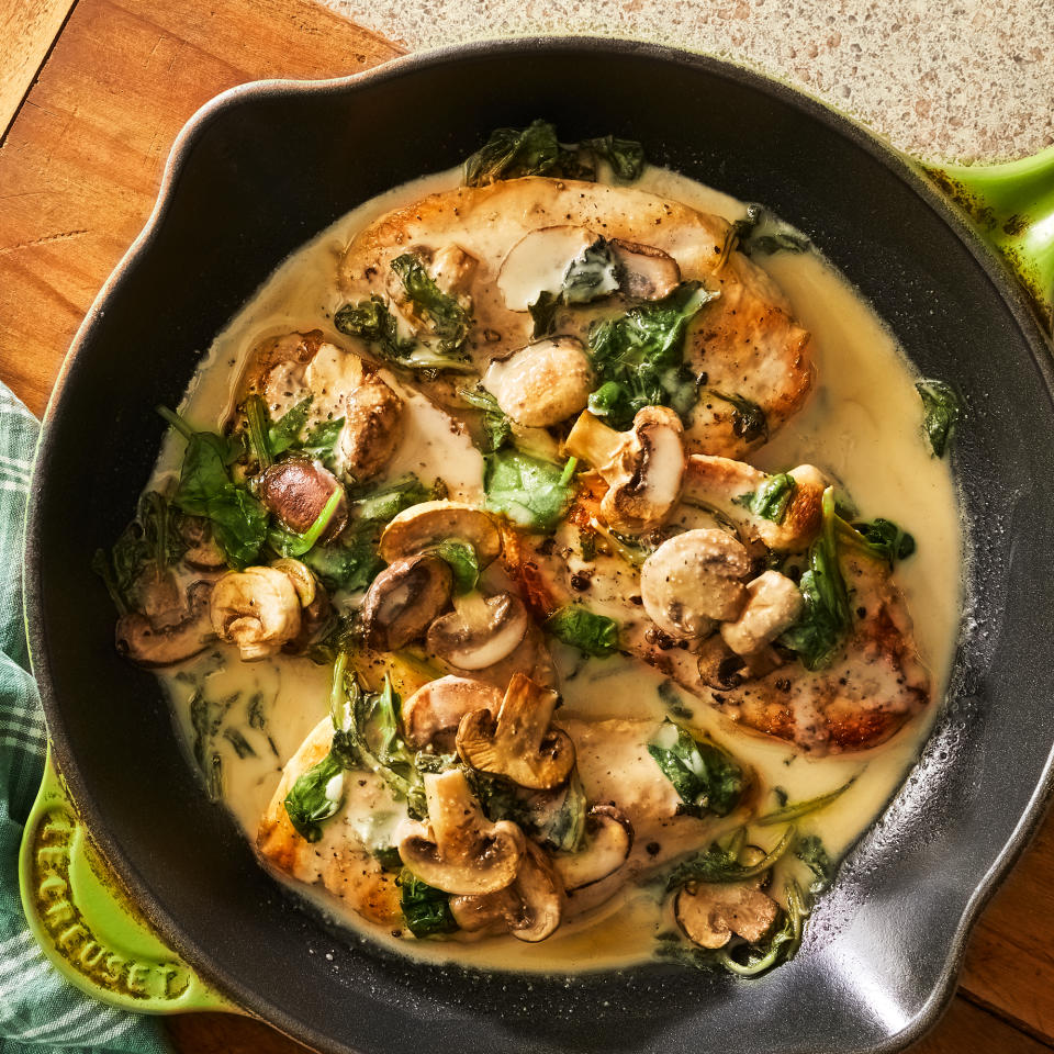 <p>Chicken cutlets are topped with a spinach-mushroom cream sauce for a flavorful yet healthy dinner. Serve over pasta or grains to soak up the sauce. <a href="https://www.eatingwell.com/recipe/7933679/creamy-skillet-chicken-with-spinach-mushrooms/" rel="nofollow noopener" target="_blank" data-ylk="slk:View Recipe;elm:context_link;itc:0;sec:content-canvas" class="link ">View Recipe</a></p>