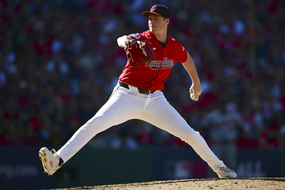 Cleveland Guardians' Tim Herrin pitches in the seventh inning during Game 1 of baseball's AL Division Series against the Detroit Tigers, Saturday, Oct. 5, 2024, in Cleveland. (AP Photo/David Dermer)