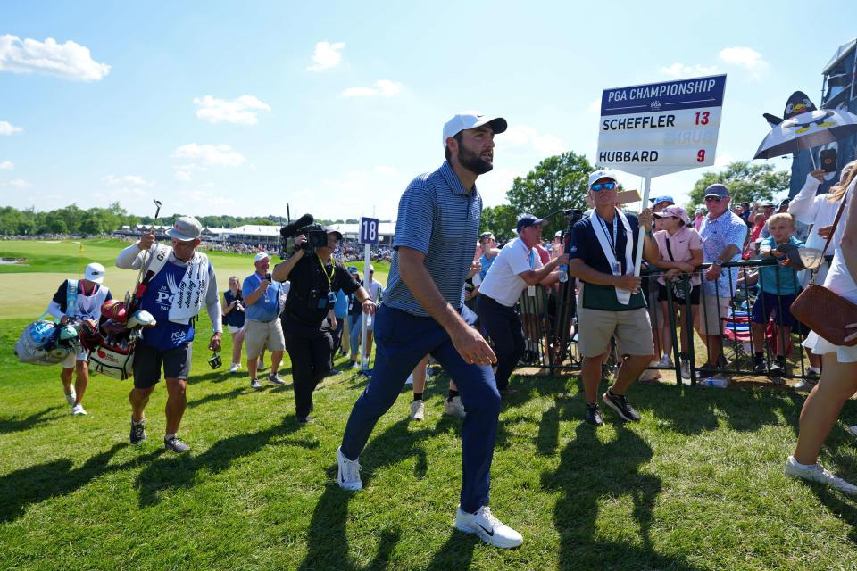 May 19, 2024; Louisville, Kentucky, USA; Scottie Scheffler walks off of 18th green after completing the final round of the PGA Championship golf tournament at Valhalla Golf Club.