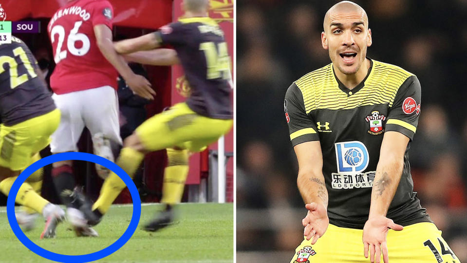 Oriol Romeu (pictured right) gesturing for the ball and (pictured left) making a horror challenge on Manchester United's Mason Greenwood.