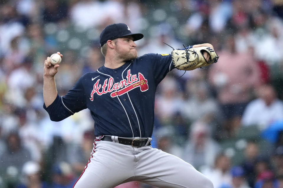 Atlanta Braves starting pitcher Bryce Elder delivers during the first inning of a baseball game against the Chicago Cubs, Saturday, Aug. 5, 2023, in Chicago. (AP Photo/Charles Rex Arbogast)