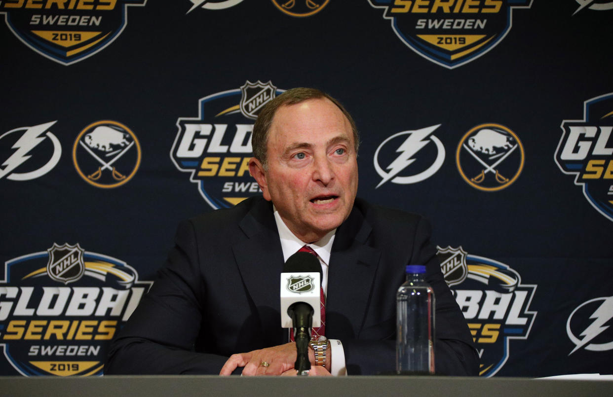 STOCKHOLM, SWEDEN - NOVEMBER 08:  NHL Commissioner Gary Bettman speaks to the media prior to the Tampa Bay Lightning facing the Buffalo Sabres at the 2019 NHL Global Series Sweden, at the Ericsson on November 8, 2019 in Stockholm, Sweden. (Photo by Dave Sandford/NHLI via Getty Images)
