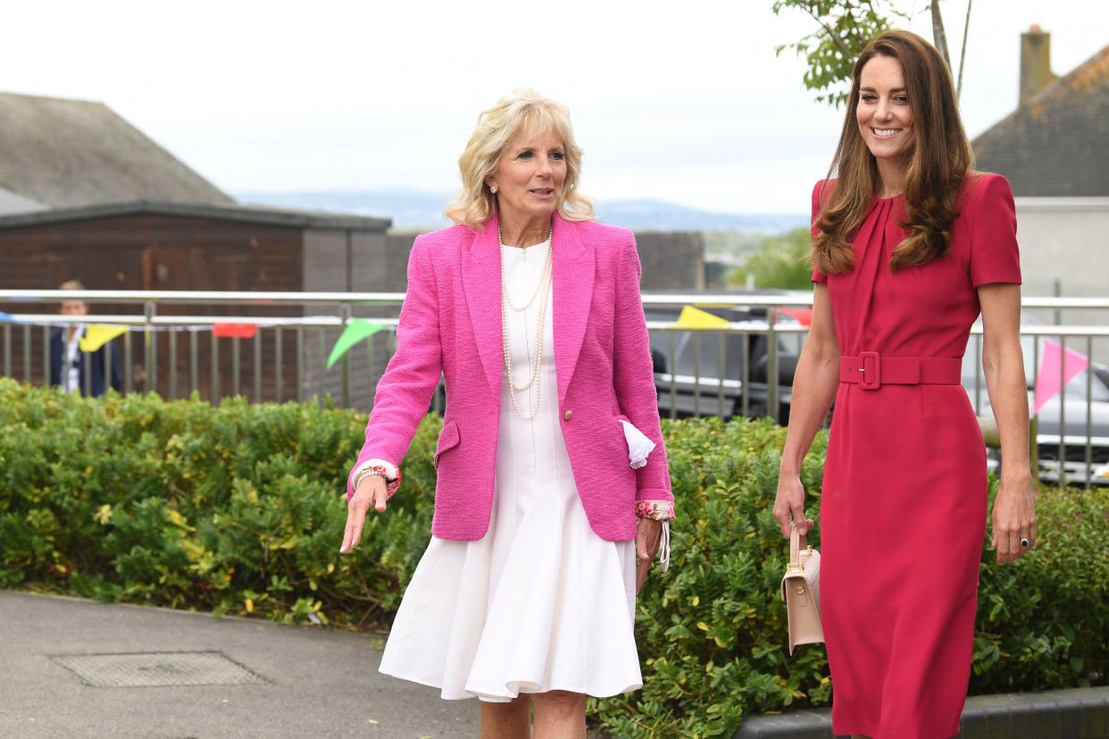 Britain's Catherine, Duchess of Cambridge and US First Lady Jill Biden visit Connor Downs Academy in Hayle, Cornwall on the sidelines of the G7 summit on 11 June. Photo: Daniel Leal-Olivas/AFP via Getty Images