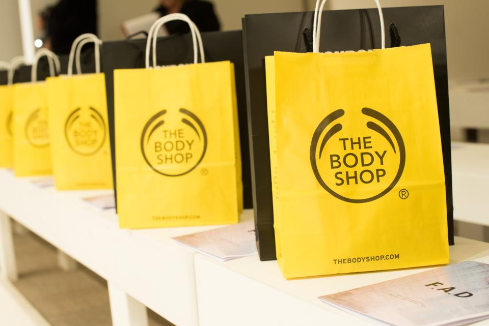 Body Shop gift bags on front row seats at London Fashion Week. (Photo by Nicky J Sims/Getty Images)