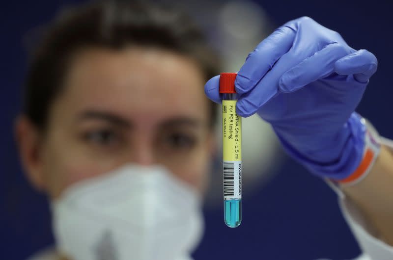 A laboratory worker shows a PCR test at the University of Liege